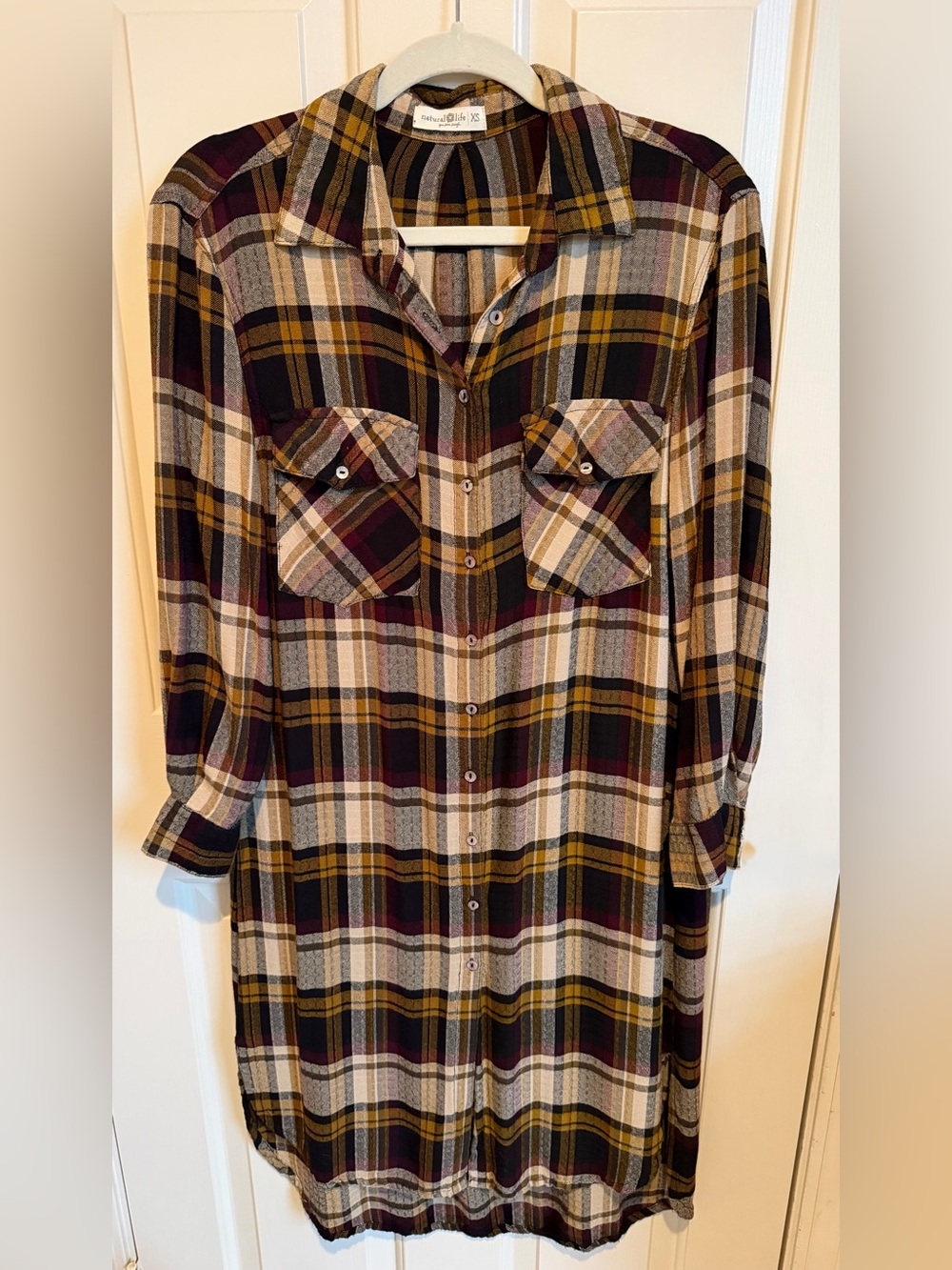 Natural Life Burgundy/Tan Plaid Shirt Dress Size XS Midi Length EUC